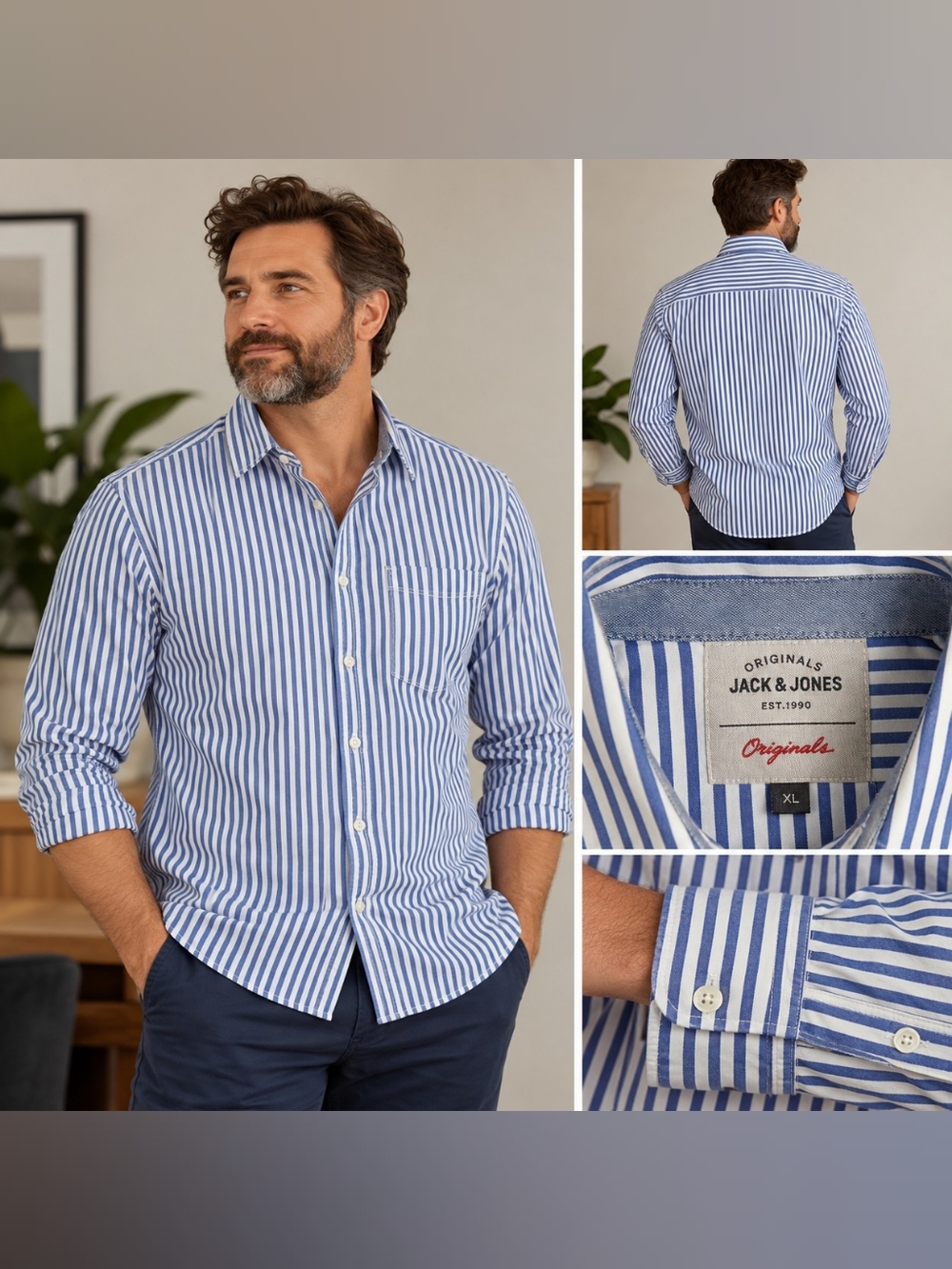 Jack & Jones Originals Blue & White Striped Shirt – XL
